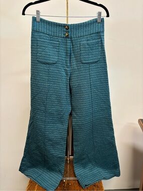 Erica Tanov Teal Textured Wide-Leg Wool Trouser Pants medium
